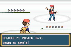 A battle intro: a trainer in a red cap is challenged by an Aerodactyl Master