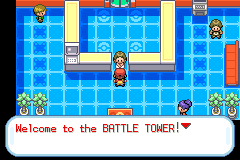 A blue-tiled reception hall with the greeting: Welcome to the Battle Tower