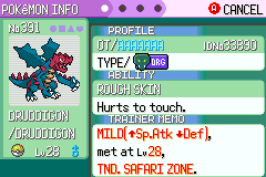 Druddigon's summary screen, caught in the Tunod Safari Zone