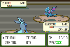A battle between Glaceon and a wild Zubat
