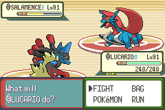 Mega Lucario in battle against Salamence, both at level 91