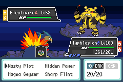 A battle screen: the player's Typhlosion at level 100 faces a level 52 Electivire, with Nasty Plot, Hidden Power, Magma Geyser and Sharp Flint on the move menu