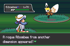 A wild battle against a level 70 Ribombee, with the message that a rogue Ribombee from another dimension appeared
