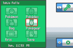 The green HeartGold-style start menu at Tohjo Falls, with Pokémon, Pokédex, Bag, Pokégear, the trainer name and Save