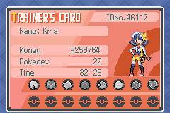 Kris's trainer card in red and white, showing money, a Pokédex count, play time and a row of Johto badges