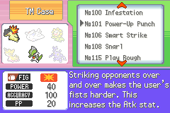 The TM Case, scrolled to TM100 Infestation, TM101 Power-Up Punch, TM106 Smart Strike, TM108 Snarl and TM115 Play Rough, with Power-Up Punch's description