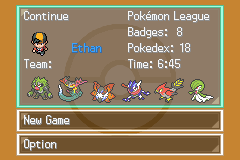 The Continue screen: Ethan at the Pokémon League with 8 badges, 18 in the Pokédex, and a party led by Feraligatr