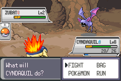 A cave battle between Cyndaquil and a wild Zubat