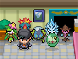 A trainer standing indoors on a tiled floor, ringed by six Pokémon from later generations