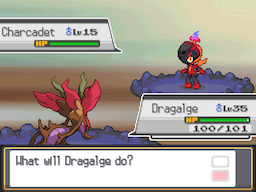 A battle on a rocky field: a level 15 Charcadet against a level 35 Dragalge