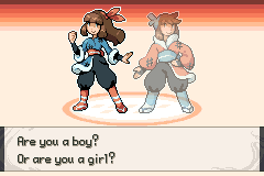 Character select, two trainers in blue and white robes side by side, asking whether you are a boy or a girl