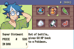 A shop counter with a green-haired shopkeeper, selling a Super Ointment for 500