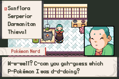 A quiz in a tiled room, choosing between Sunflora, Serperior, Darmanitan and Thievul