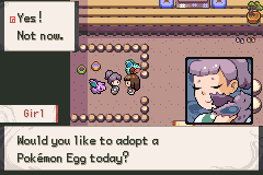 Indoors, a girl beside a row of eggs asking whether you would like to adopt a Pokémon Egg