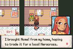 A trade offer indoors: a girl who brought a Numel from home and wants a local Heracross for it