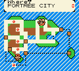 The town map open on Fortree City, with the player's marker on the forest route below it
