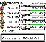 The party menu listing Tropius, Swalot, Flygon, Chimecho, Exeggcute and Exeggutor, all at level 150