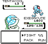 A wild battle: a level 3 Tentacool against an Exeggcute at level 3