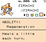 A Pokédex page for Jirachi showing the ability Regeneration and its description