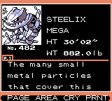 A Pokédex entry for Mega Steelix, with its height, weight and the start of its description