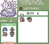 The Pokémon storage box, with a Ninetales holding Leftovers selected above the party row