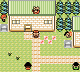 The player standing on a path outside a house, with four other trainers around the garden