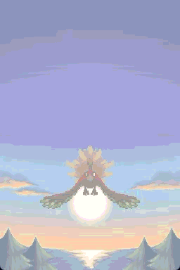 The opening cutscene: a large bird Pokémon shaped like Ho-Oh flying toward the screen over mountains and water, the sun rising behind it