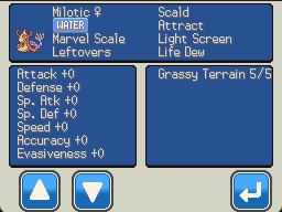 A Milotic's status screen showing its Marvel Scale ability, held Leftovers, and its moves Scald, Attract, Light Screen and Life Dew, with a Grassy Terrain 5/5 counter shown