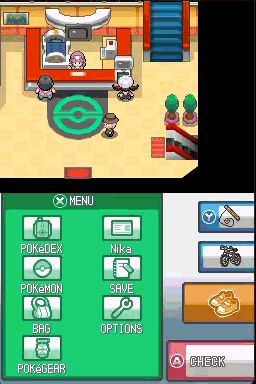 The inside of a Pokémon Center, with the DS menu open below listing Pokédex, trainer name Nika, Pokémon, Save, Bag, Options and Pokégear