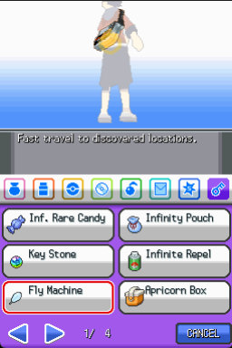 A cheat-item menu reading Fast travel to discovered locations, listing Inf. Rare Candy, Infinity Pouch, Key Stone, Infinite Repel, Fly Machine and Apricorn Box