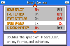 The Battle Options menu: move split, fast battles, animation speed