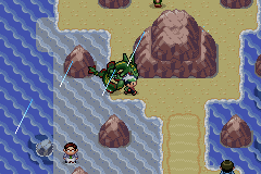 Surfing past rocky islands in the rain with Rayquaza flying overhead