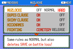 The Nuzlocke options menu with dupes and shiny clauses