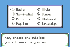 A menu for choosing a subclass, listing Medic, Survivalist, Protector, Pugilist, Ninja, Gunner, Alchemist and Sovereign