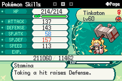 A Pokémon's skills screen showing its stats, EXP and the effect of its Stamina skill