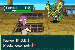 A Fearow F.O.E. blocking the player's path on a rooftop