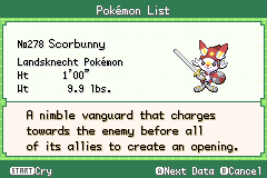 A Pokédex entry for Scorbunny, listing its height, weight and description