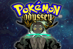 Title screen: the Pokémon Odyssey logo over a starfield, with a hooded figure in white and green below it