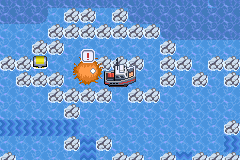 A small ship at sea among rocks, with an exclamation mark over a large orange creature beside it