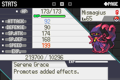 A summary screen for a level 65 Mismagius showing its stats, experience bar and the Serene Grace ability