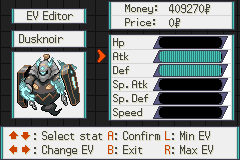 An EV Editor menu for Dusknoir with bars for each stat and button prompts along the bottom
