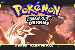 Title screen with the Omega Ruby Origins logo over a red dinosaur-like Pokémon