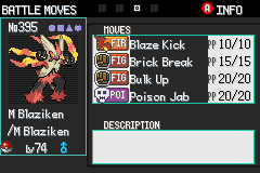 A summary screen listing a Pokémon's four moves with their types and power points
