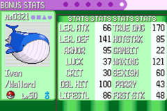 A Bonus Stats screen for a level 50 Wailord named Ivan, listing more than a dozen custom stats such as Ler. Atx, Armor, Luck, True Dmg and Frst Stk
