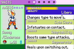 A Traits screen for a level 58 Cinderace named Danny, listing four abilities at once — Libero, Cute Charm, Adaptability and Regenerator — each with its effect described