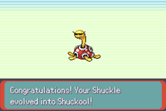 An evolution screen reading Congratulations! Your Shuckle evolved into Shuckool!, showing its new yellow and red form