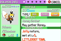 A Pokémon Info screen for a level 46 Ribombee named Athena, typed Bug and Fairy with the Honey Gather ability, showing a Jolly nature and that it was met at level 5 in Littleroot Town