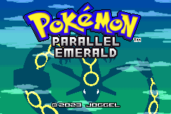 The title screen for Pokémon Parallel Emerald, with a shadowy Pokémon silhouette ringed by golden hoops and a 2023 Joggel copyright line