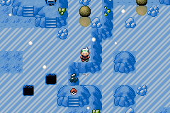 The player standing among dark round boulders on a striped icy-blue surface, with a Poké Ball item visible on the ground nearby