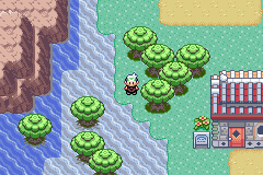 The player walking through a forest beside a river, with round green treetops and a red-roofed building in the corner